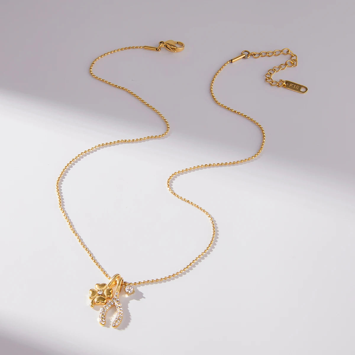 Zircon Four Leaf Clover Wishbone Bead Chain Lucky Charms Necklace Waterproof/Hypoallergenic