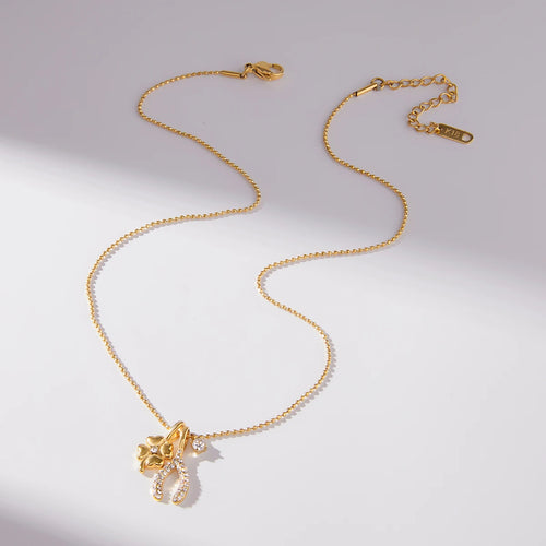Load image 1 in gallery view. Zircon Four Leaf Clover Wishbone Bead Chain Lucky Charms Necklace Waterproof/Hypoallergenic