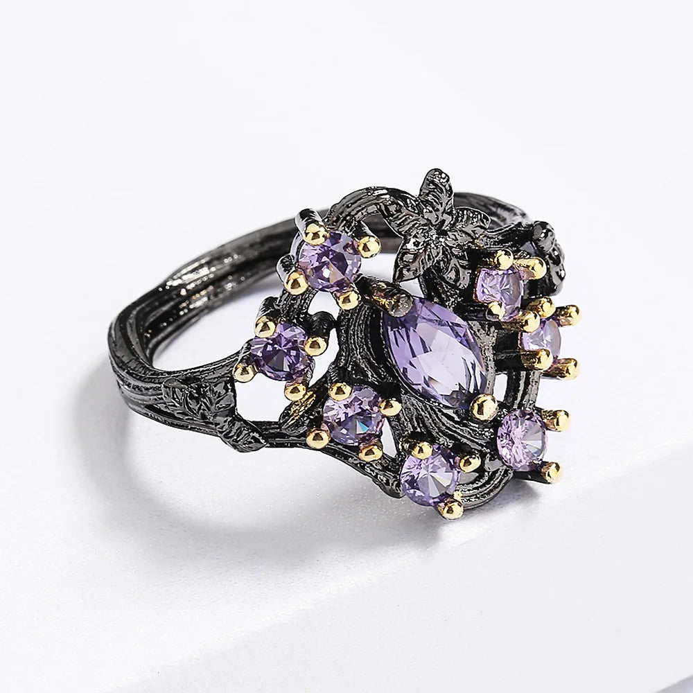 Antique Jewelry Black Plated Purple Zircon Hollowed Out Ring for Women