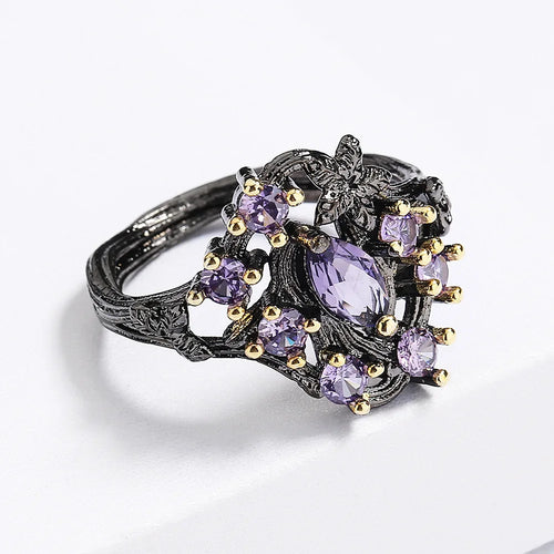 Load image 1 in gallery view. Antique Jewelry Black Plated Purple Zircon Hollowed Out Ring for Women