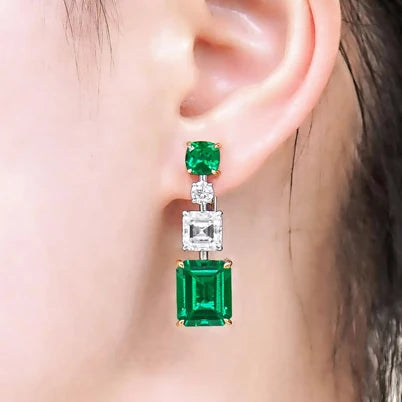 Emerald Gemstone Zircon Earrings Noble Green Rectangle Silver Dangle Earrings Women