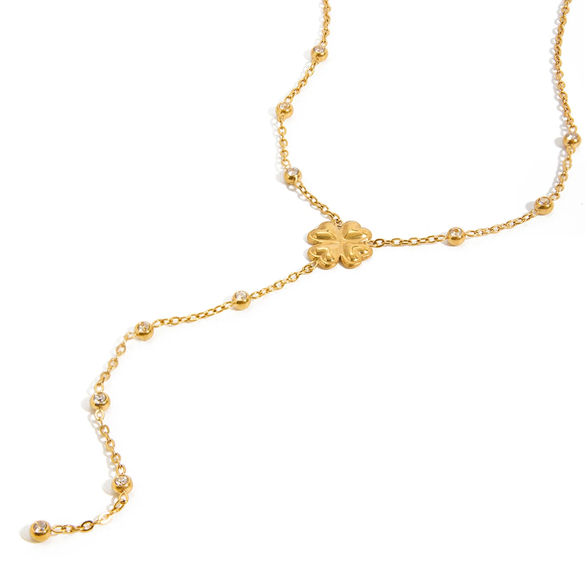18K Gold Plated Necklace Classic Four-leaf Clover Bead Zircon Y-shaped Necklace