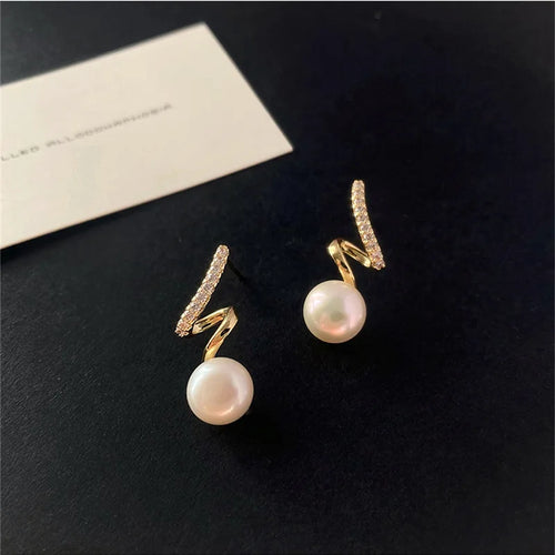 Load image 1 in gallery view. Pearl Earrings Minimalist Cute Earrings, Rhinestone Twisted, Gold Plated