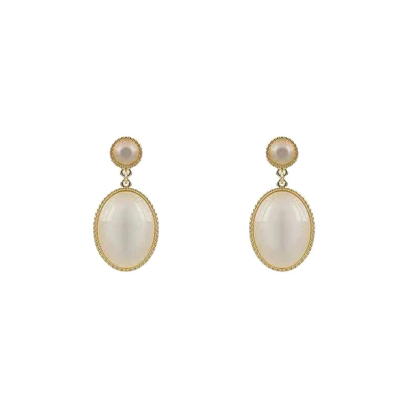 Silver Needle Geometric Round Earring Temperament Minimalistic Opal Stone Drop Earring