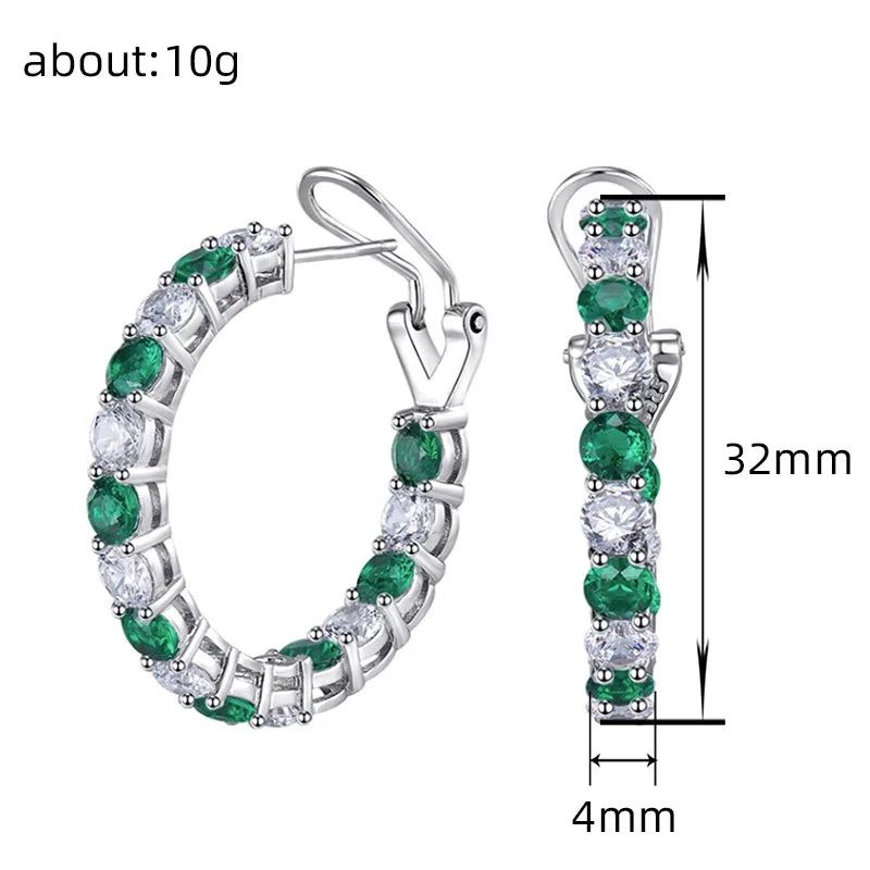 Blue/Green Crystal Cubic Zirconia Circle Hoop Earrings for Women Bridal Wedding Party Silver Plated Hoop Earrings