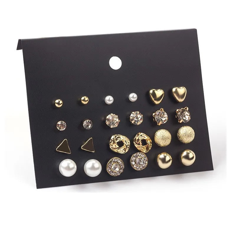12 Pairs Earring Set Square Crystal Heart Stud Earrings Jewelry Sets for Women Piercing Simulated Pearl Flower Earring, Silver Plated, Gold Plated