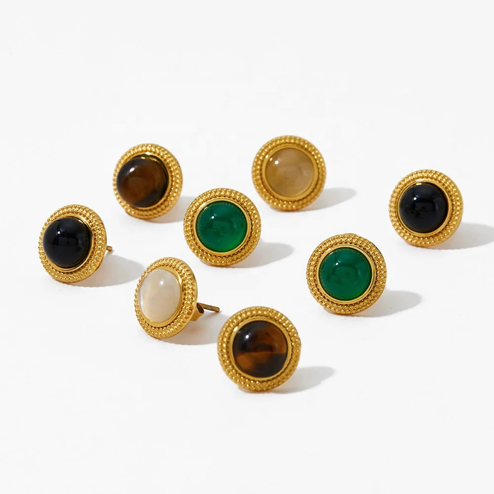 Gold Plated  Vintage Stud Earrings with Natural Stone Ball Design Waterproof