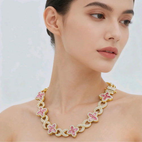 Load image 1 in gallery view. Elegant Gold Pink diamond Necklace with Four-leaf Clover 8-character Natural Stone
