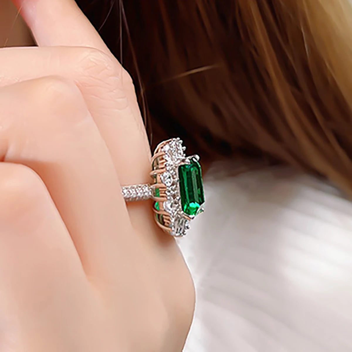 Silver Cubic Zirconia Flower Ring, Geometric Design Green & White Crystal Ring