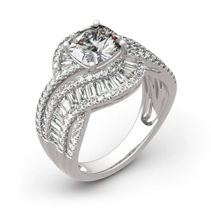 Silver Plated Twist Design Brilliant Round Zircon Rings for Women Wedding Engagement