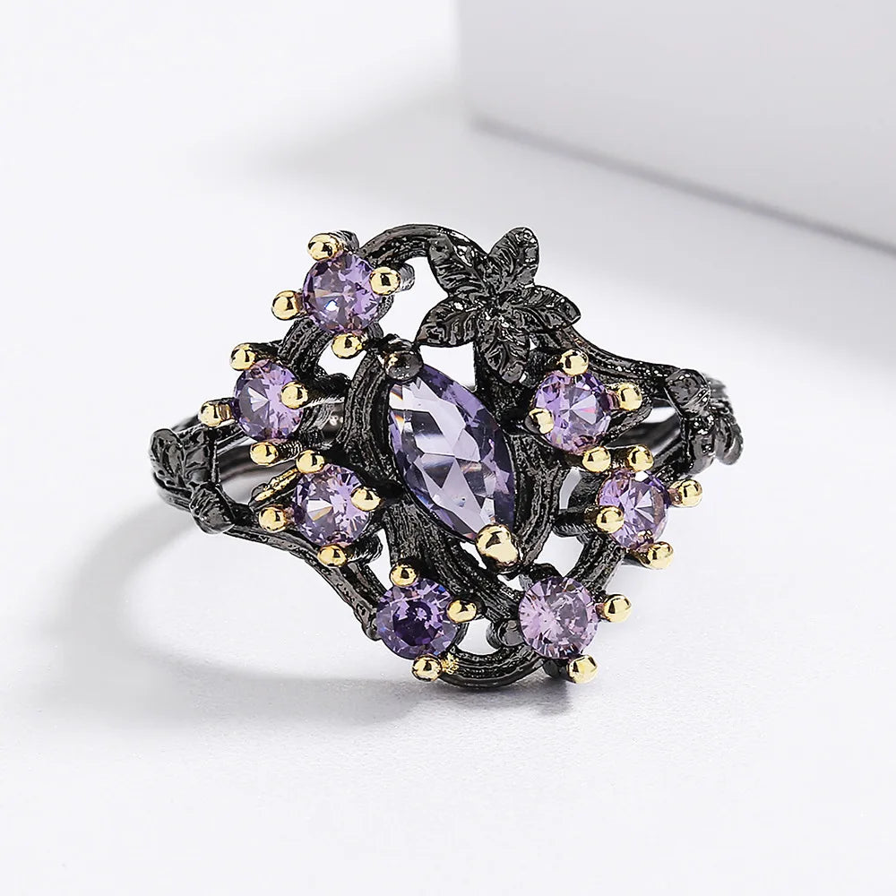 Antique Jewelry Black Plated Purple Zircon Hollowed Out Ring for Women