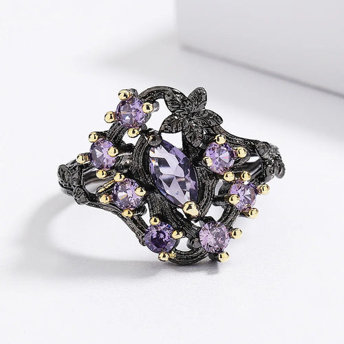 Load image 1 in gallery view. Antique Jewelry Black Plated Purple Zircon Hollowed Out Ring for Women