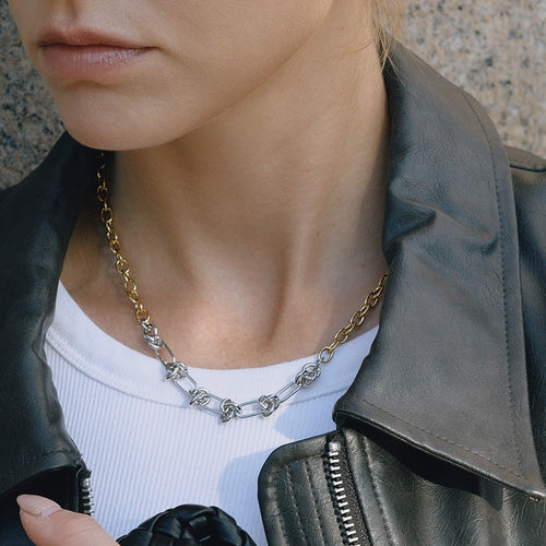 Load image 1 in gallery view. Waterproof Anti Tarnish Two Tone Gold Plating O Chain Silver Thread Knot Shape Two Tone Necklace