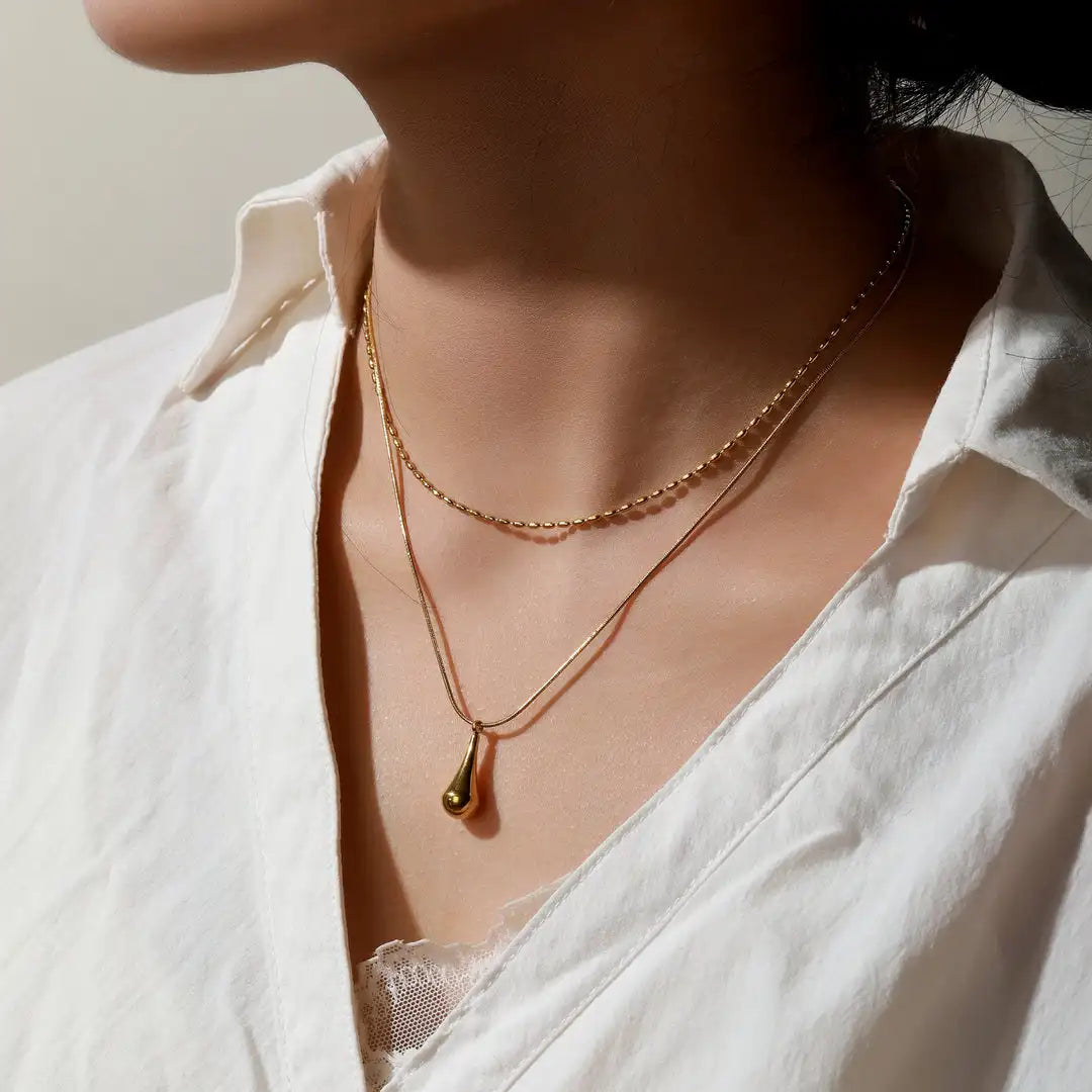 Waterproof Stainless Steel 18K PVD Gold Plating Double Layers Oval Bead String Chain Teardrop Pendant Necklace