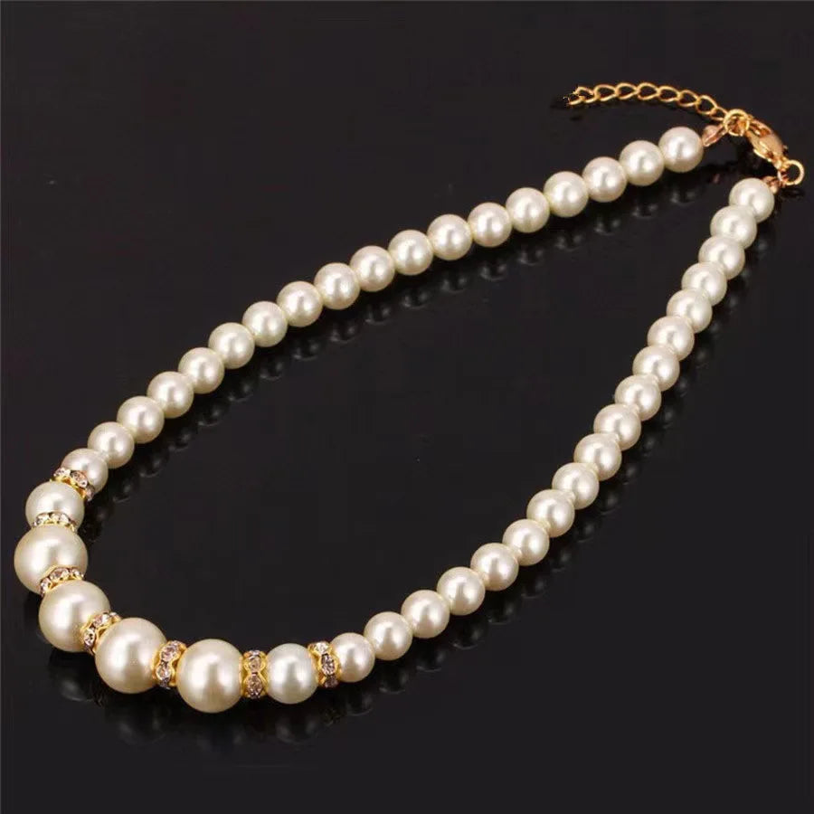 Gold Plated White Pearl Jewelry Set Necklace Earrings and Bracelet for Women
