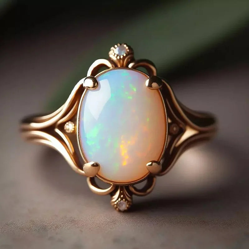 Champagne Gold Color Plated  Geometric Oval Shape Opal Rings for Women Engagement