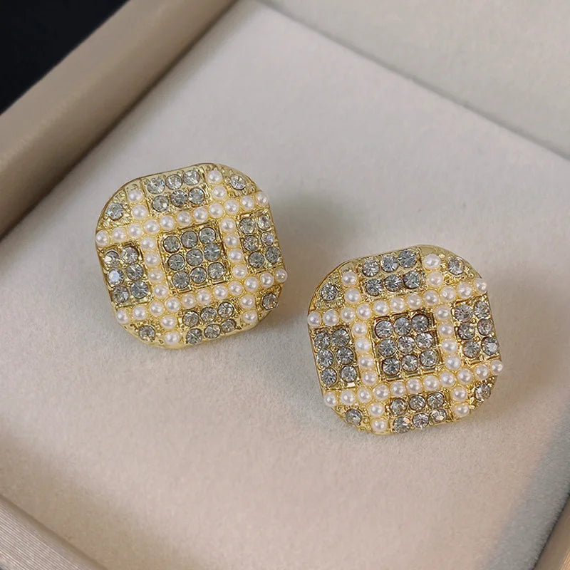 Pearl Square Stud Earrings Gold Plated For Party