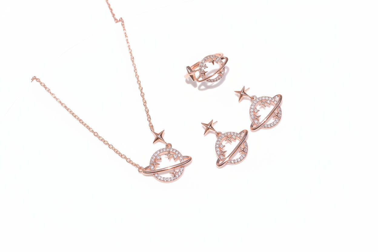 Rose Gold Plated Zircon Jewelry Set, Necklace Earrings Ring
