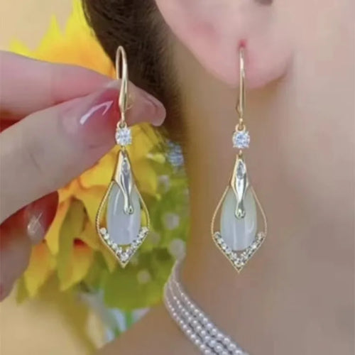 Load image 1 in gallery view. Long Drop Pendant Dangling Earrings Geometric Diamond Studded Cat Eye Stone Earrings