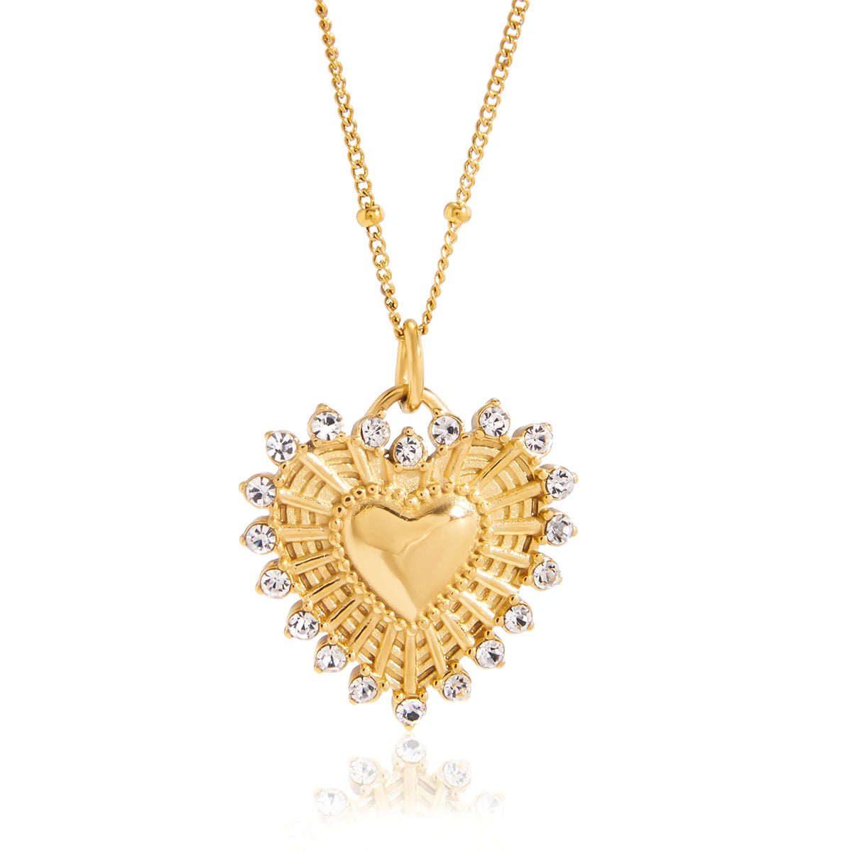 18K PVD Gold Plate Classic Cute White Zircon Ribbed Heart Pendant Necklace