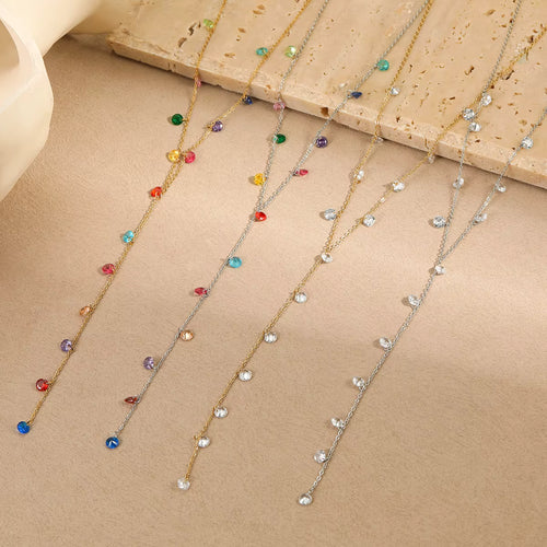 Load image 1 in gallery view. Gold Plated Y Necklace Multi Color Zircon Fringe Pendant Dainty Women's Jewelry Gift