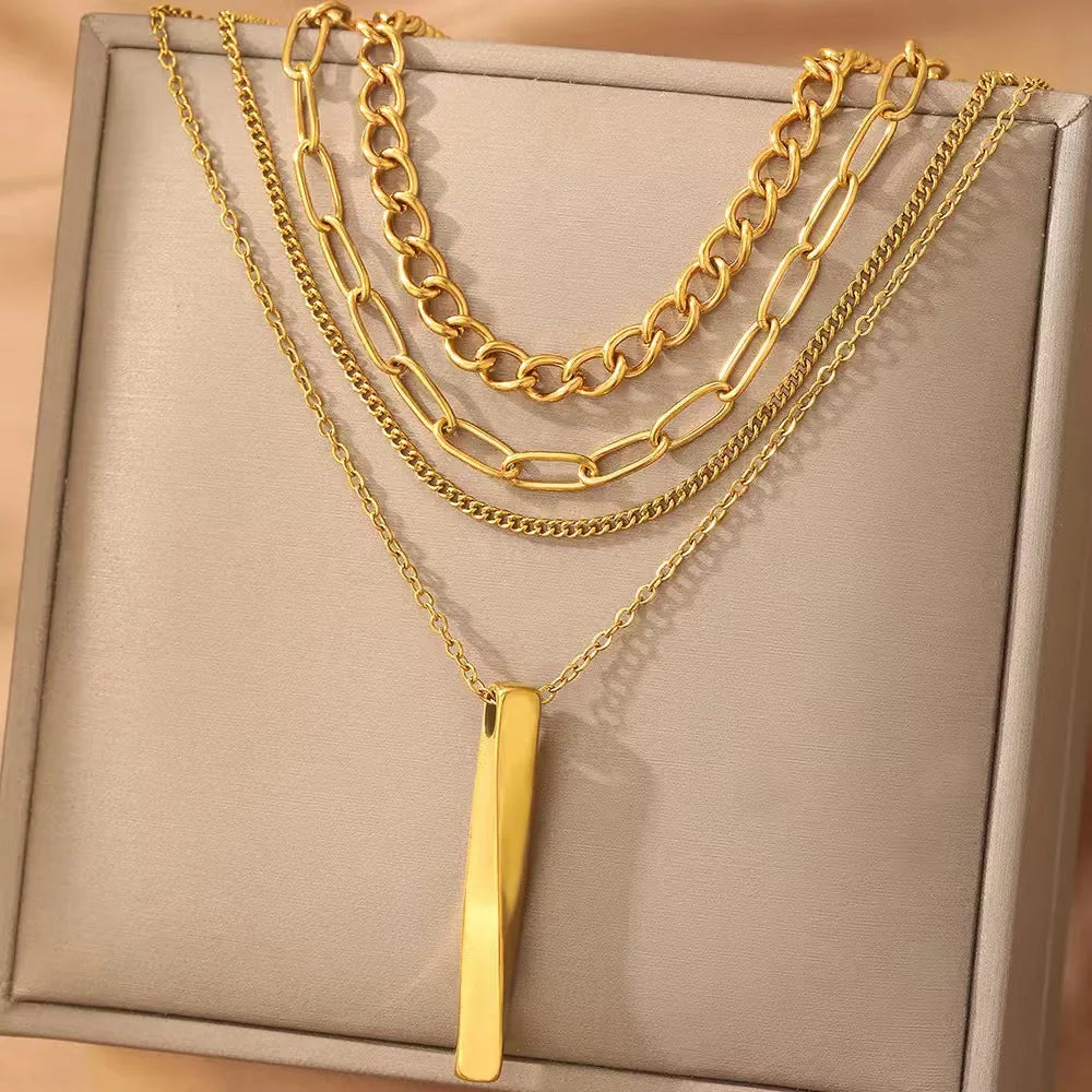 Stainless Steel Necklace with Rectangle Multilayer Pendant Thick Link Chain
