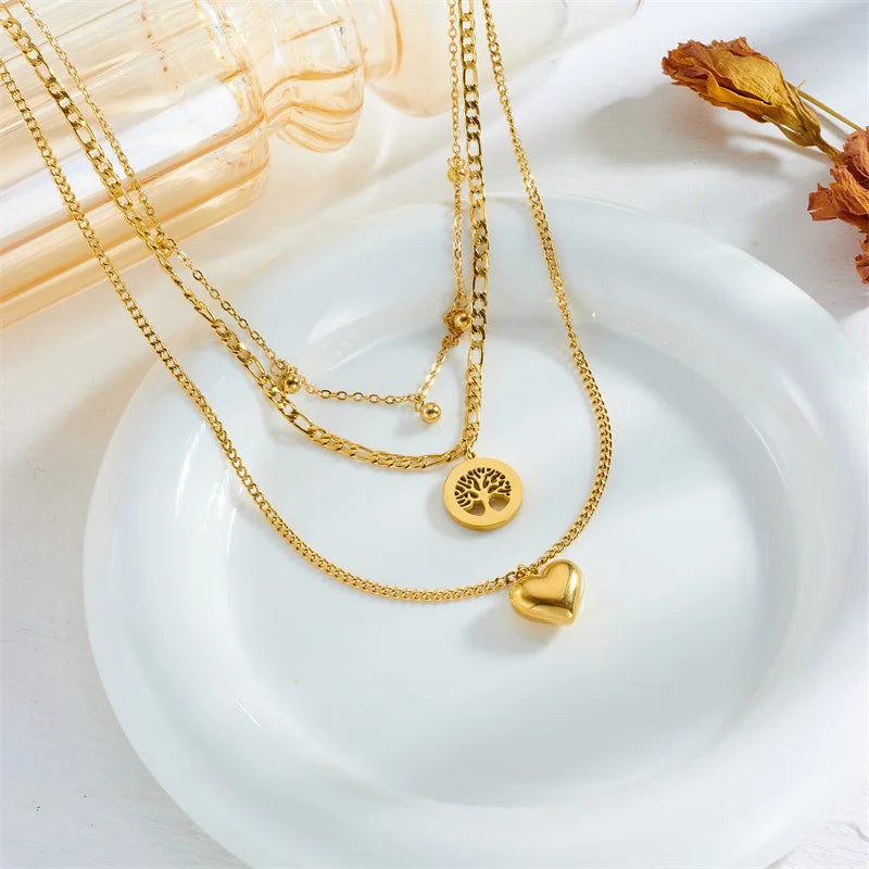 Gold Plated Round Sign Heart Tree of Life Pendant Multi-layer Necklace