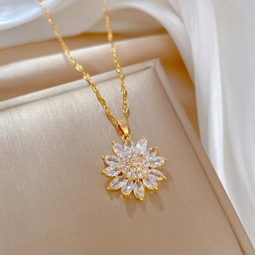 Load image 1 in gallery view. Zircon Crystal Flower Charms Link Chain Sunflower Choker Necklaces 18K Gold Plated for Woman