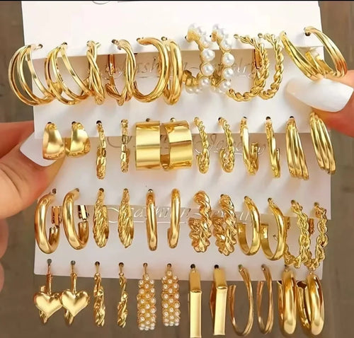 Load image 1 in gallery view. Gold Plated Pearl Hoop Earrings Set 5pcs Metal Resin Acrylic Circle Drop Jewelry for Engagement