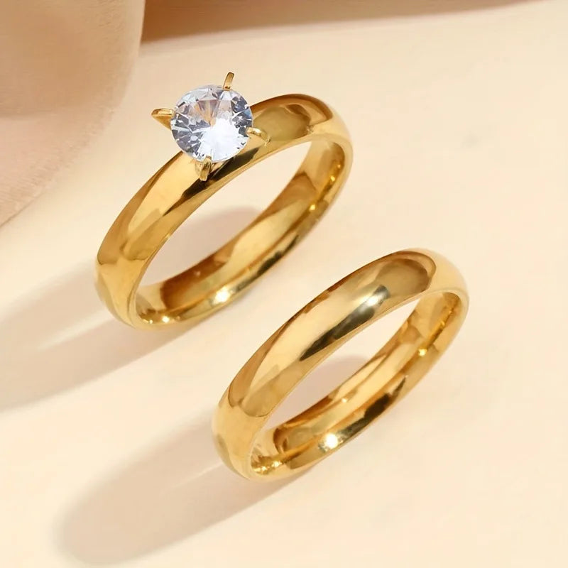 Four Claw Zircon Smooth Ring Gold-color Plated Two-piece