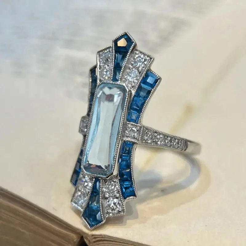 Design Rectangle Shiny Blue Crystal Zircon Silver Plated Rings for Women