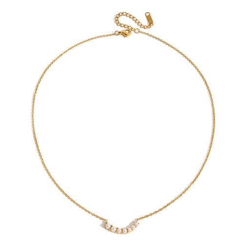 Load image 1 in gallery view. 18K PVD Gold Plated Stainless Steel Necklace Trendy Elegant Glass Pearl Smile Pendant Necklace