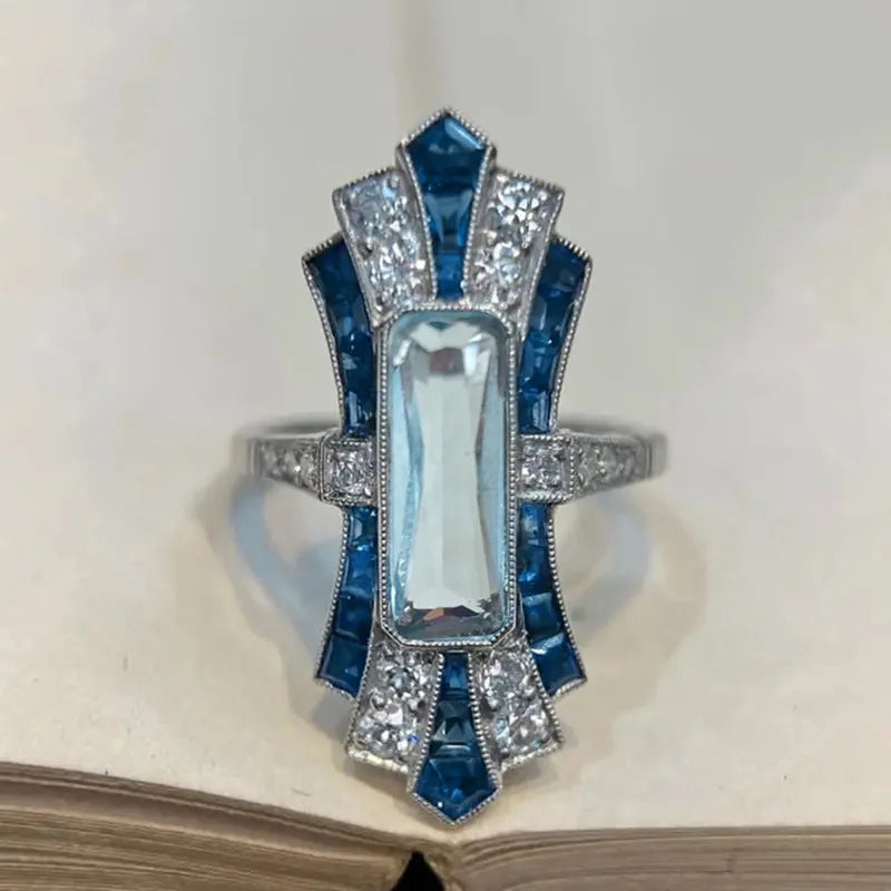 Design Rectangle Shiny Blue Crystal Zircon Silver Plated Rings for Women