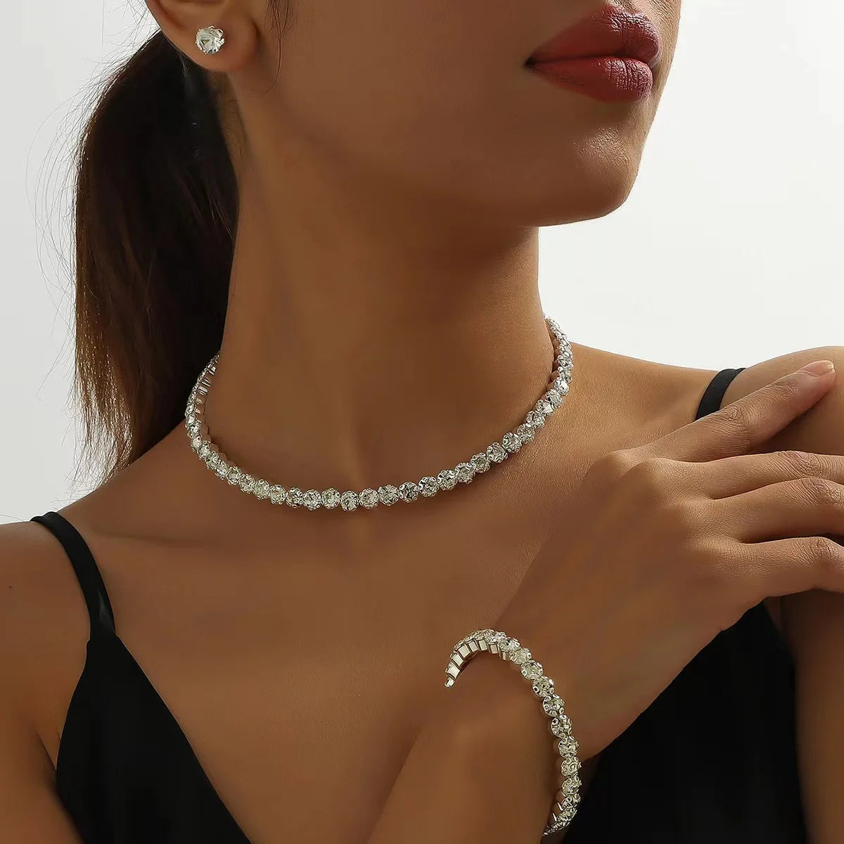 Platinum Plated Jewelry Set Necklace Earring Bracelet for Parties and Weddings Classic