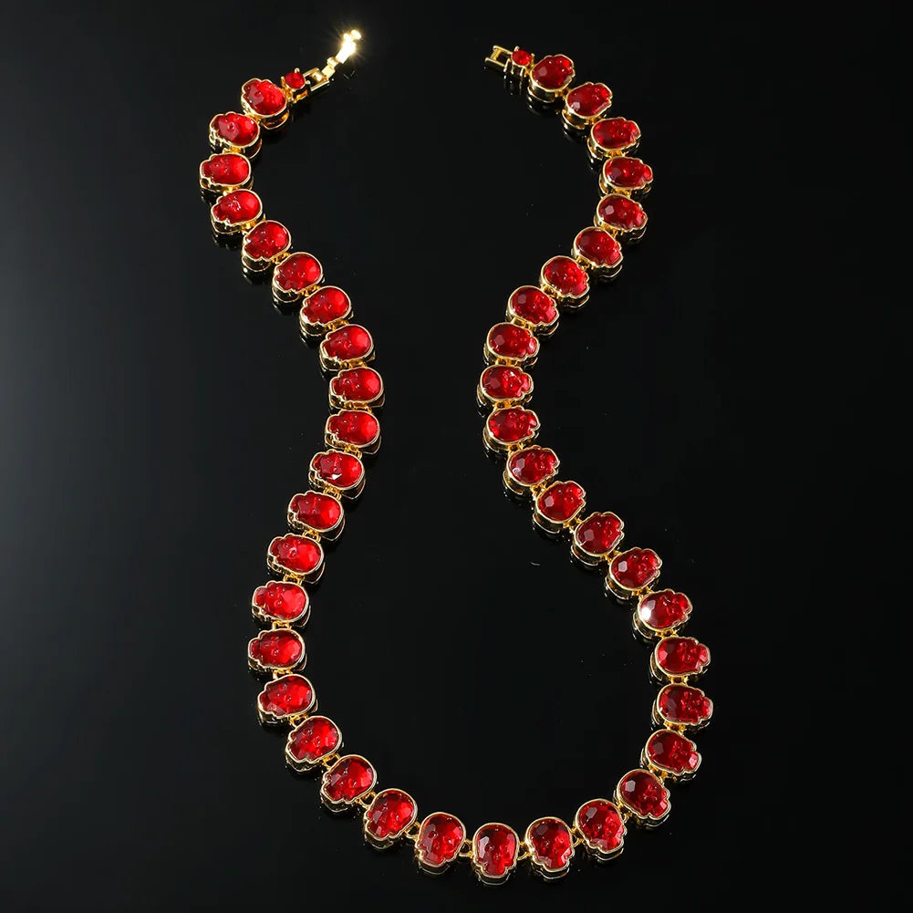 Rhinestone-Studded Red Skull Necklace Cuban Chain for Hip Hop Fans