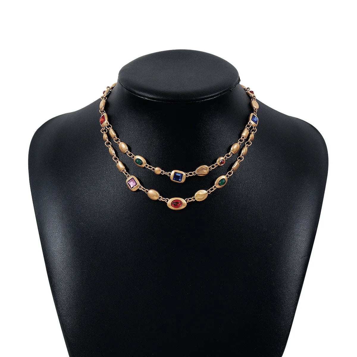 Red Light Blue Double-Layer Diamond-Encrusted Necklace Aged Neckband with Exquisite Beads Chain for Girlish Look