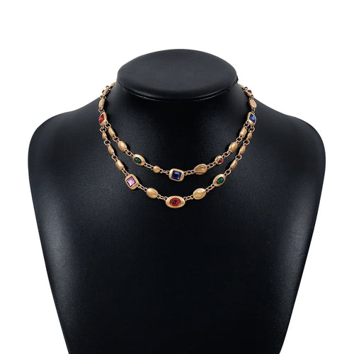 Load image 1 in gallery view. Red Light Blue Double-Layer Diamond-Encrusted Necklace Aged Neckband with Exquisite Beads Chain for Girlish Look