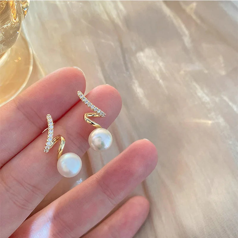 Pearl Earrings Minimalist Cute Earrings, Rhinestone Twisted, Gold Plated