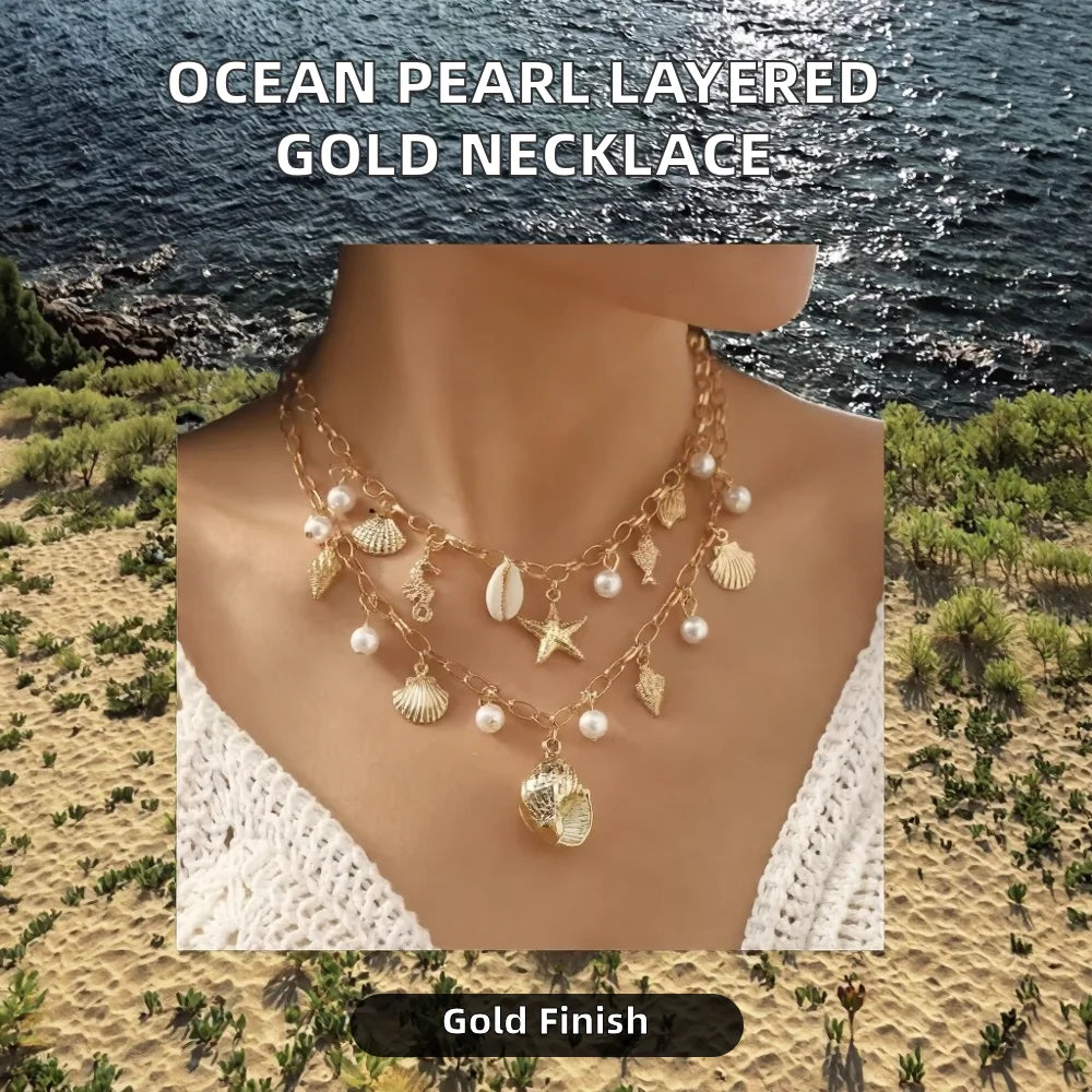 Layered Pearl Necklace with Gold Ocean Starfish Shell Tassel Beach Pendant for Women