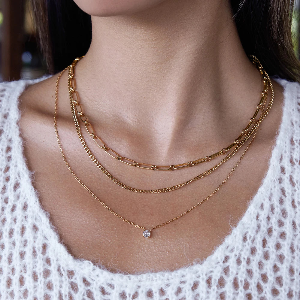 Three Layers Cuban Paper Clip O Shape Chain CZ Cubic Zircon Necklace