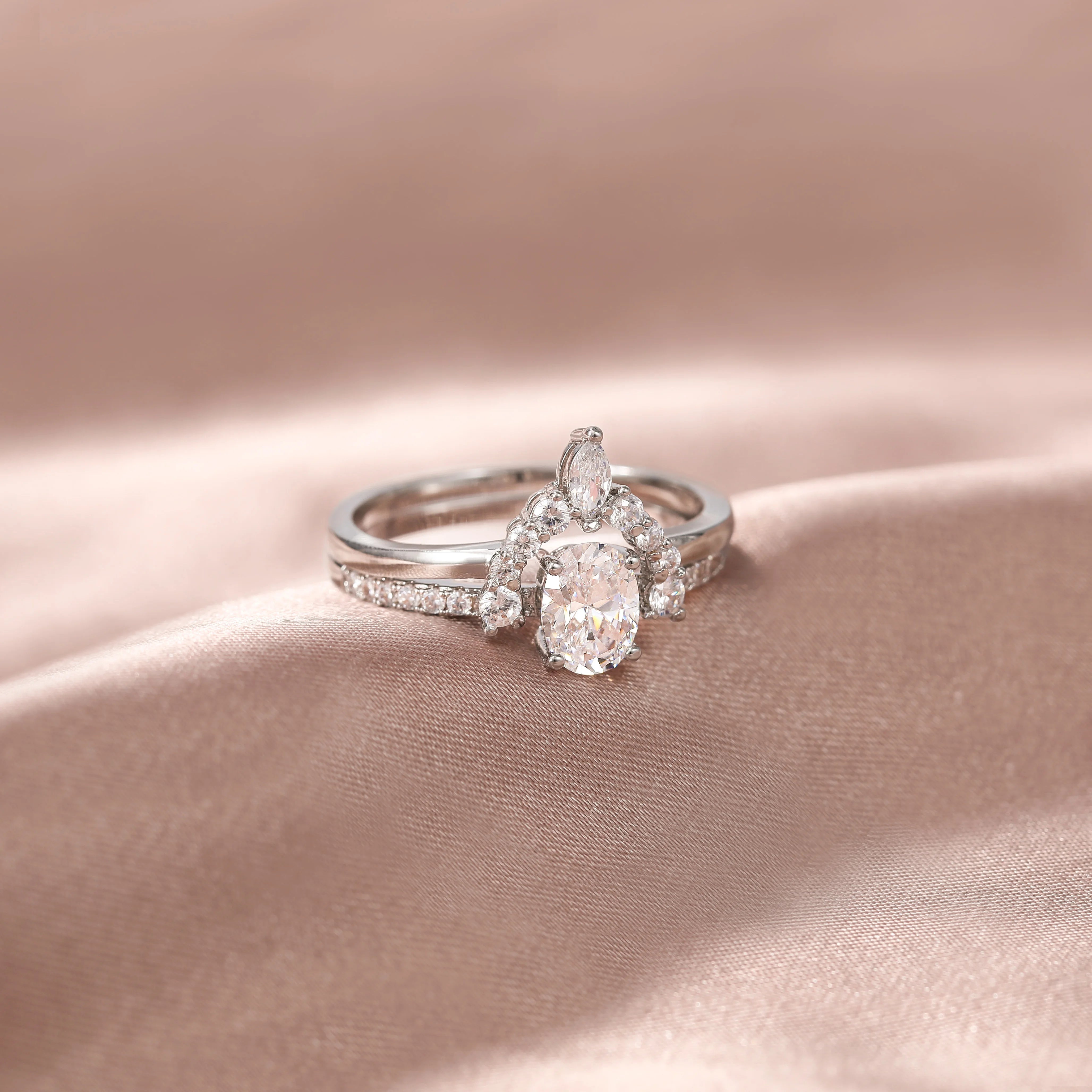 Copper Ring Oval Cut Cubic Zirconia Curved CZ Engagement Stackable Rings