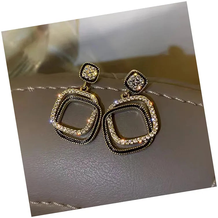 Gold Plated Square Folded Geometry Rhinestone Pendant Earrings for Women