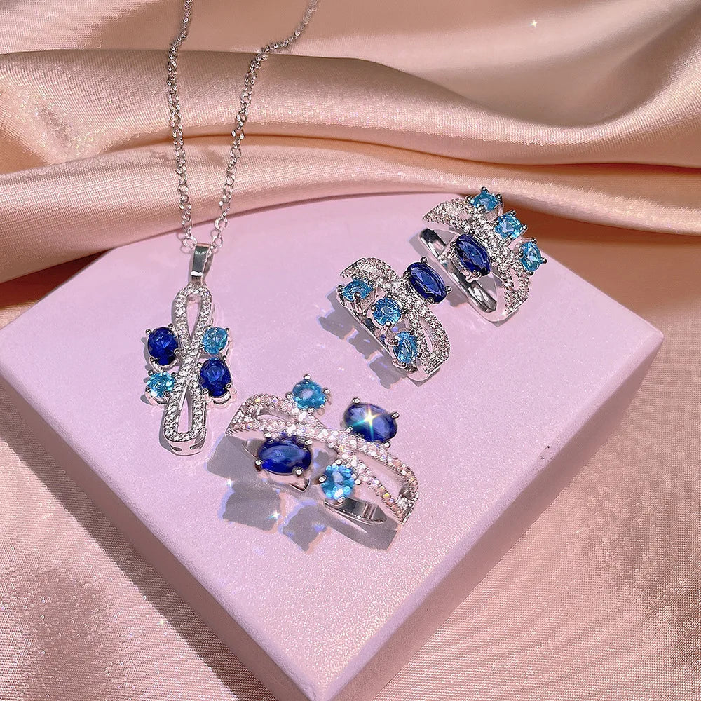 Graceful Geometric Blue Zircon Jewelry Set Platinum Plated Set Necklace, Earrings and Ring