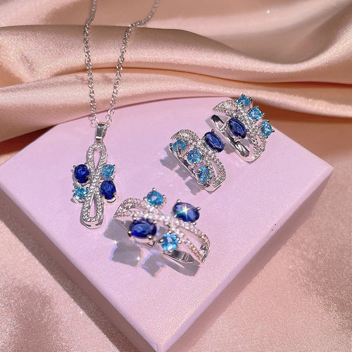 Load image 1 in gallery view. Graceful Geometric Blue Zircon Jewelry Set Platinum Plated Set Necklace, Earrings and Ring