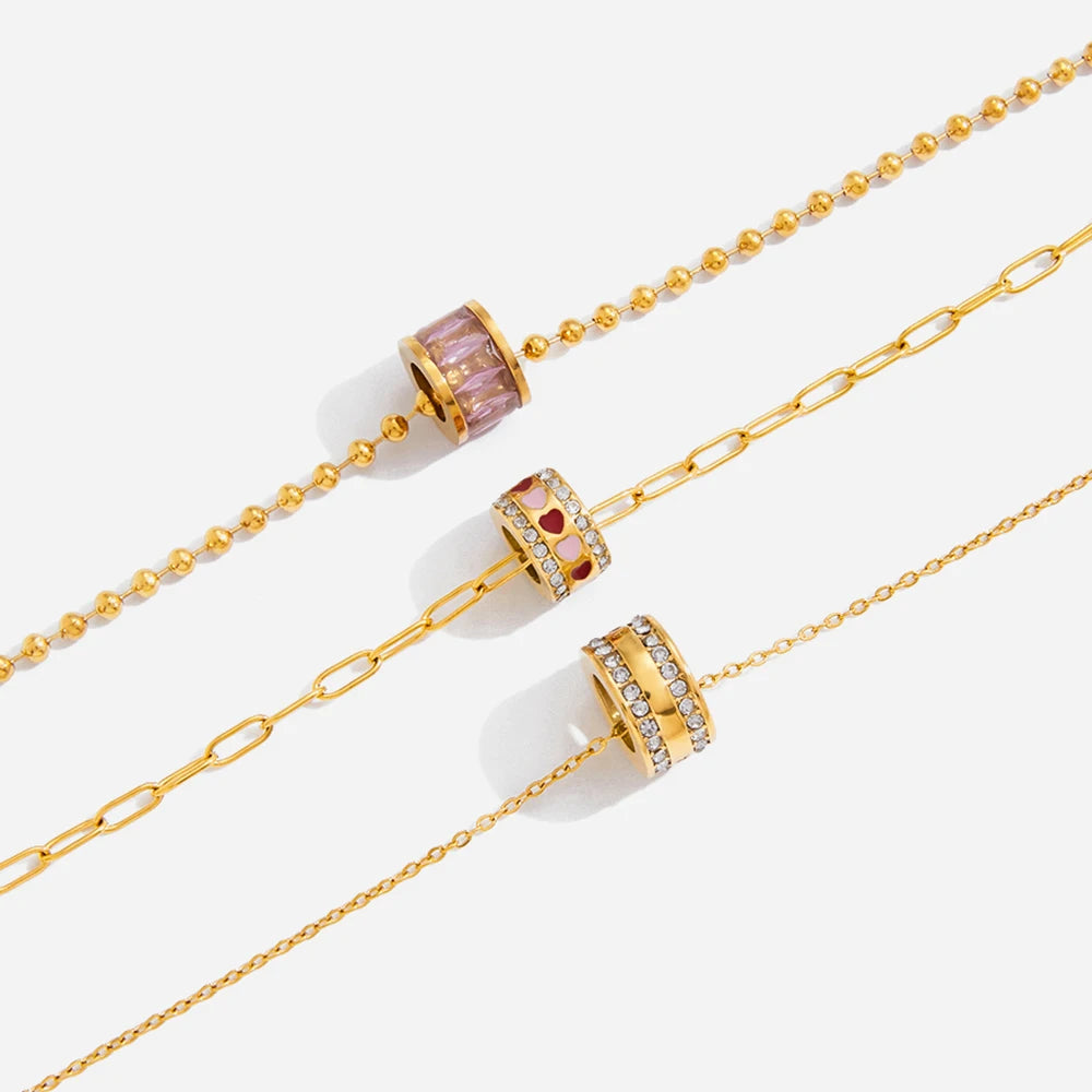 Lucky Bead Pendant 18K Gold Plated Square Pink Rhinestone Heart Flower Circle Lucky Bead Necklace Woman & Kids