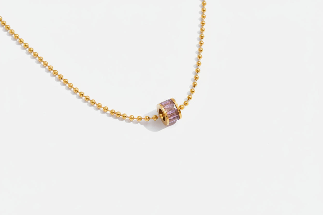 18K Gold Stainless Steel Square Pink Rhinestone Circle Pendant