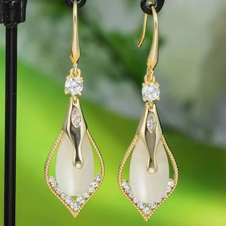 Long Drop Pendant Dangling Earrings Geometric Diamond Studded Cat Eye Stone Earrings
