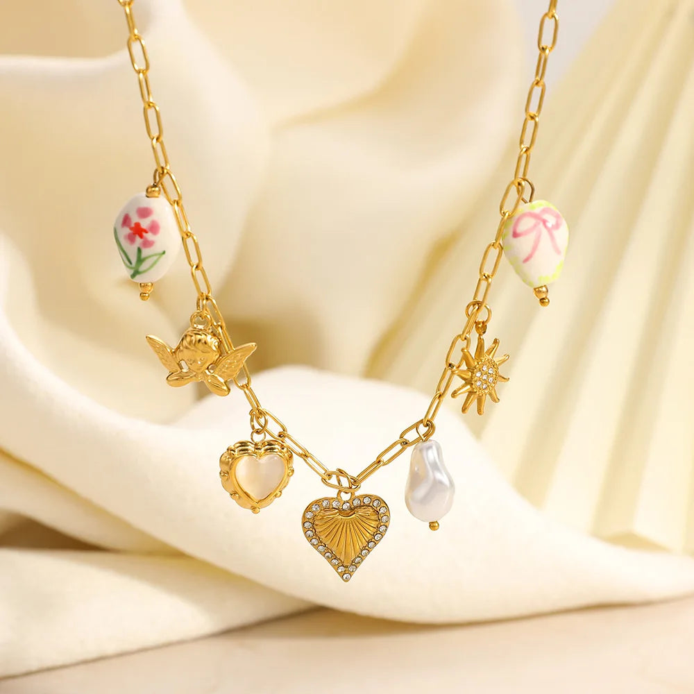 18K Gold Plated Stainless Steel Flower Heart Baroque Charm Pendant  Drop Necklace