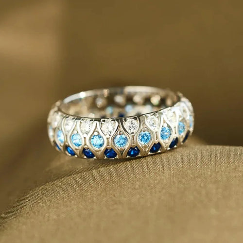 Load image 1 in gallery view. Circle Design White/Blue/Sea Blue Shiny Zircon Eternity Band Rings for Bridal Wedding Silver Plated