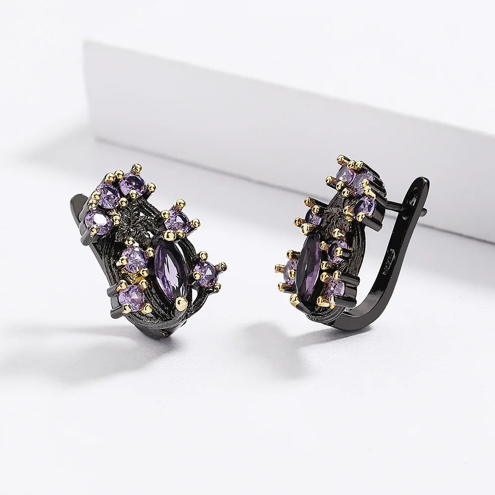 Vintage Unique Twig Black Plated Hollow Purple Zircon Antique Earrings for Women